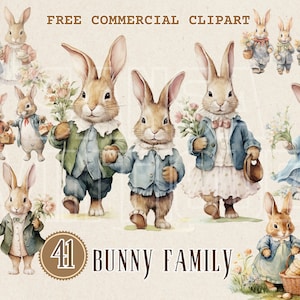 Vintage aquarel clipart konijn familie, klassiek konijntje in kostuums Gratis commerciële png-set, personage schattig konijntje voor kinderverhaal
