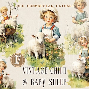 Vintage niños y cordero acuarela clipart Niño y bebé Ovejas gratis comercial PNG Ilustración de niña y oveja, arte rural vintage