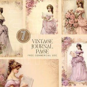 Pagina di diario vintage, carta da diario spazzatura acquerello, digitale, set commerciale gratuito per stampa di album da donna classica, diario shabby in stile retrò