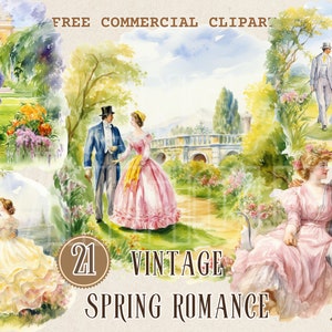 Victorian romantic couple in outdoor setting watercolor clipart, Classic romance free commercial PNG, Vintage Love illustration ephemera