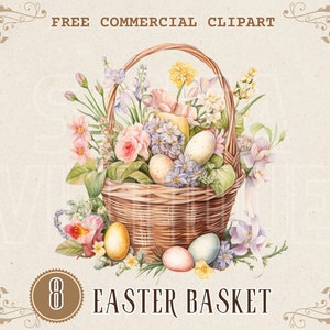 Vintage Easter Basket aquarel clipart, Easter Egg en bloem gratis commerciële PNG, ephemera met Pasen-thema voor ambachten