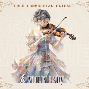 Signora vintage che suona il violino clipart ad acquerello, PNG commerciale gratuito di musica retrò, illustrazione del violinista vintage, grafica musicale