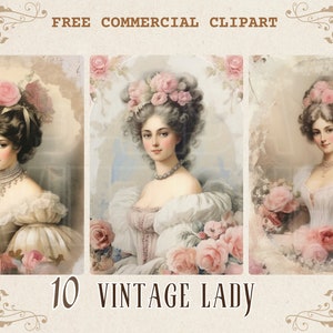 Vintage nobele dame digitale kaart, Victoriaanse vrouw gratis commerciële JPG clipart set, Victoriaanse dame illustratie voor ephemera collectie