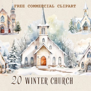 Clipart em aquarela da Igreja de Natal, conjunto PNG comercial gratuito da Capela de Inverno, Capela de Neve, Igreja de Inverno Vintage na Neve, Capela de Natal