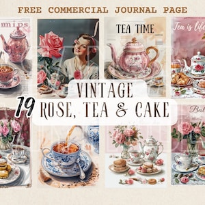 Clipart de aquarela de bolo e chá vintage, comercial gratuito Retro Rose Tea Time Poster, capa de revista nostálgica de rosa e bolo, página de diário