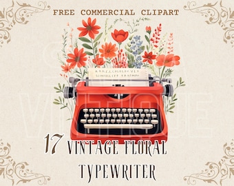 Typewriter watercolor clipart, Retro floral typewriter free commercial PNG illustration, Classic typewriter with flower Graphic