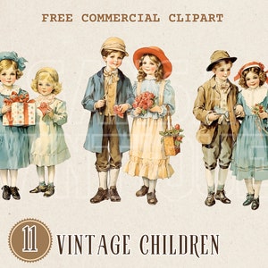 Vintage kinderen aquarel clipart, Retro Kids gratis commerciële PNG, Vintage meisje en jongen illustratie ephemera, Vintage kindervriendschap