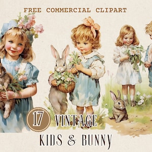 Vintage Kinder und Hasen Aquarell Clipart, Kinder und Kaninchen kostenlos kommerzielle PNG, Vintage Mädchen und Kaninchen Illustration Ephemera Ostern Kunst