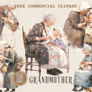 Vintage abuela y nieto acuarela clipart, abuela y nieta comercial gratis PNG Arte de abuela y nieto, anciana