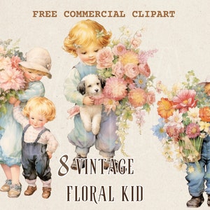 Vintage kids holding flower bouquet watercolor clipart, Vintage boy free commercial PNG set, Retro girl and flower illustration