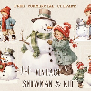 Vintage snowman and kid watercolor clipart, Christmas free commercial PNG set, retro snow scene illustration for junk journal, ephemera art