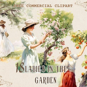 Vintage lady picking flower and fruit watercolor clipart, Victorian lady backview free commercial PNG bundle, Pretty woman illustration