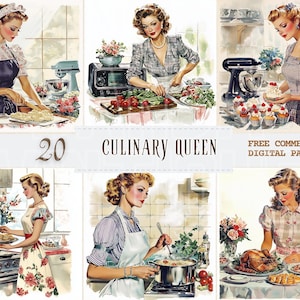 Vintage woman cooking 1950s watercolor clipart, Retro cooking scene free commercial JPG set, Classic Woman in Kitchen, Nostalgic Baking Art