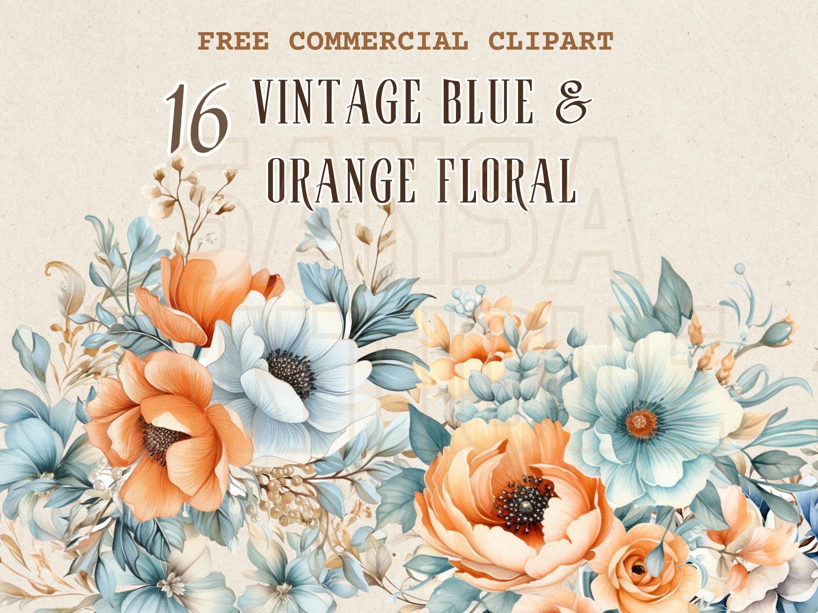Vintage blue and orange flowers watercolor clipart, Retro floral elements free commercial PNG set, azure Blossom illustration