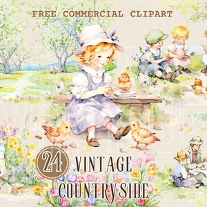 Vintage platteland scène aquarel clipart, kind en kuiken gratis commerciële png-set, vogel, bij, rustiek landschap, bloemenmand afbeelding