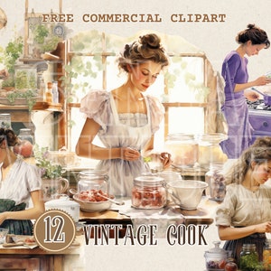 Mulher retrô cozinhando clipart em aquarela, pacote PNG comercial gratuito de cena culinária vintage, gráfico de cozinha clássica de mulher, cozinha nostálgica