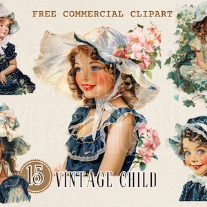 Vintage kind aquarel clipart, Kid gratis commerciële PNG, Retro botanische meisje illustratie, Junk journal graphic, cottagecore kunst