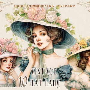 Vintage lady watercolor clipart set, Woman and floral hat free commercial PNG bundle, Nostalgic Lady illustration, Victorian lady Graphic