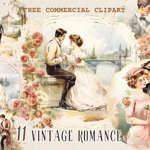 Vintage couple watercolor clipart, Retro romance free commercial PNG set, Romantic Illustration, Vintage love graphic for scrapbooking