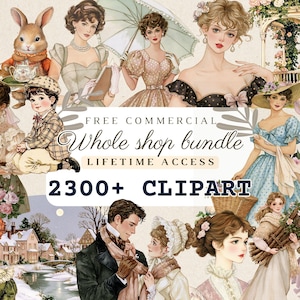 May include: A digital collection of vintage-style illustrations featuring various characters in historical attire, including people in dresses, suits, and a rabbit, with text reading FREE COMMERCIAL Whole shop bundle LIFETIME ACCESS 2300+ CLIPART.
