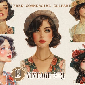 Clipart acquerello ragazza vintage, set PNG commerciale gratuito di bella donna retrò, signora classica, grafica del ritratto di donna vintage per il diario spazzatura