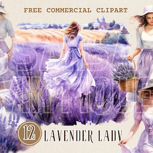 vintage dame in lavendelveld aquarel clipart, Vrouwelijke Retro vrouw en bloemenmand gratis commerciële PNG set, vrouw in bloemenveld kunst