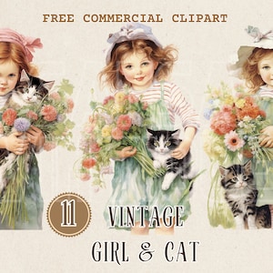 Vintage meisje en kitten aquarel clipart, Retro kind en kat gratis commerciële PNG set, Retro kind en kat illustratie, ephemera kunst