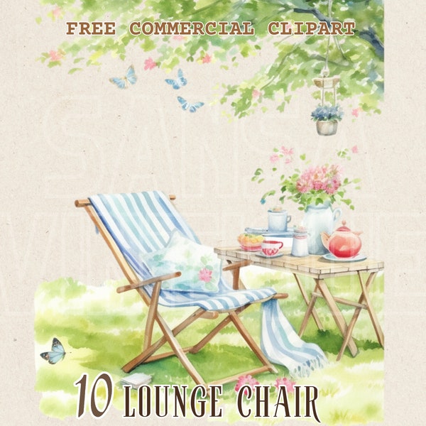 Lounge chair watercolor clipart, Outdoor Lounging free commercial PNG set, classic beach chair illustration, garden lounge chair art