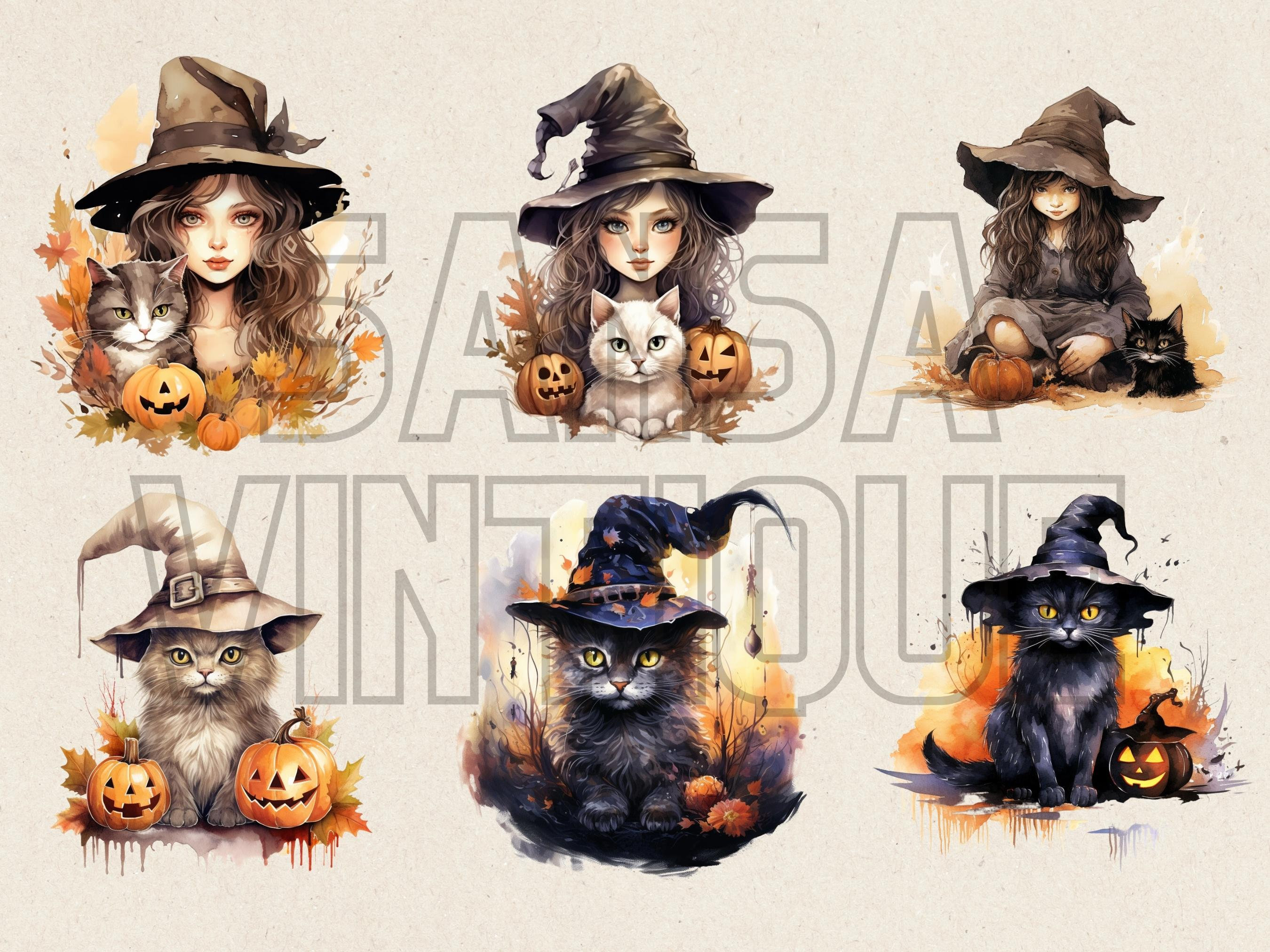 Halloween Witch and Black Cat Watercolor Clipart Bundle - Etsy