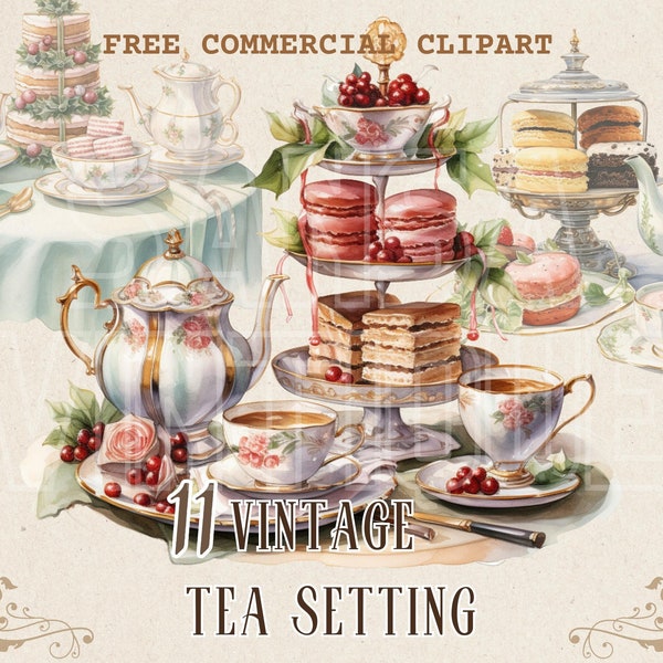 Vintage tea set and dessert watercolor clipart set, Retro teacup free commercial PNG bundle, Retro tea pot illustration, tea time, tea scene