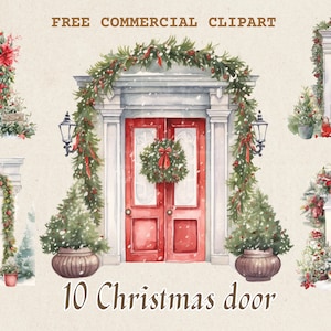 Christmas Door watercolor clipart, Festive Door Decor free commercial PNG set, Holiday Entryway, vintage Christmas red entry illustration