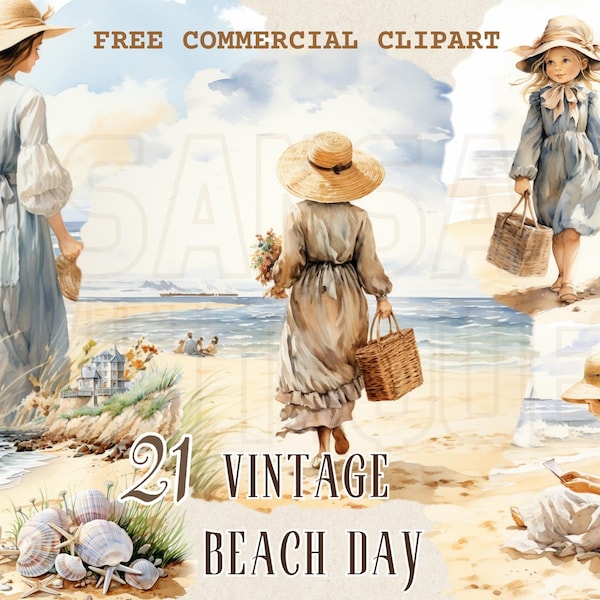 Vintage beach scene watercolor clipart bundle, Retro beach day free commercial PNG set, Coastal girl illustration, classic beach picnic art