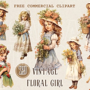Vintage platteland klein meisje en bloem aquarel clipart set, rustiek kind en bloemenmand gratis commerciële PNG, Kid Hold Bouquet Art