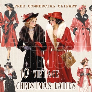 Vintage Weihnachten Damen Aquarell Clipart, Retro Urlaub Freund kostenlose kommerzielle PNG-Set, Winterfrauen Illustration für Retro Journal Karte