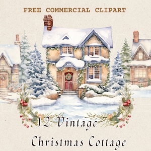 Imágenes prediseñadas de acuarela de cabaña de Navidad vintage, conjunto PNG comercial gratuito de casa de invierno rústica, casa de vacaciones, casa decorada de Navidad
