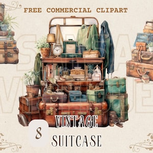 Vintage suitcase watercolor clipart set, Retro Luggage free commercial PNG bundle, antique travel case illustration, old time baggage