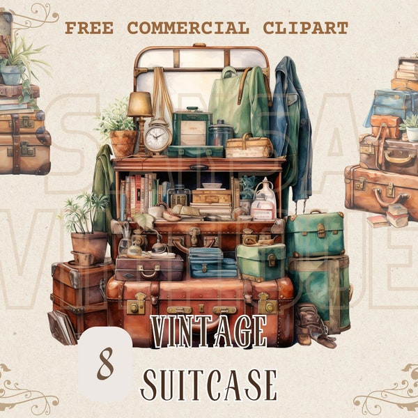 Vintage suitcase watercolor clipart set, Retro Luggage free commercial PNG bundle, antique travel case illustration, old time baggage