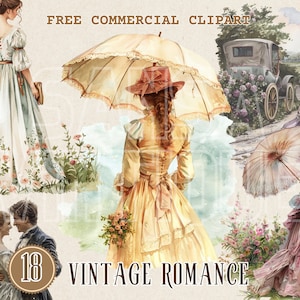 Clipart acquerello vintage con signora romantica e parasole, set PNG commerciale gratuito di danza di coppia classica, uomo vintage, arte della signora con carrozza a cavalli