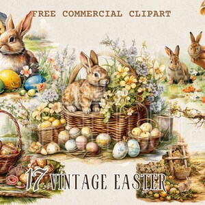 Vintage Osterszene Aquarell Clipart, Osterhase und Ei gratis kommerzielle PNG, Vintage Kinder und Kaninchenillustration, Ephemera Kunst