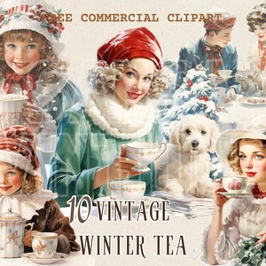 vintage tea lady aquarelle clipart, heure du thé de Noël gratuit commercial PNG ensemble Holiday Tea Party illustration pour la fabrication de cartes de journal rétro