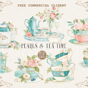 Puede incluir: Ilustración en acuarela con juegos de té, tazas, teteras y arreglos florales. La imagen incluye el texto "FREE COMMERCIAL CLIPART" y "PEARLS & TEA TIME". La paleta de colores incluye tonos de azul, rosa y blanco, con adornos decorativos.