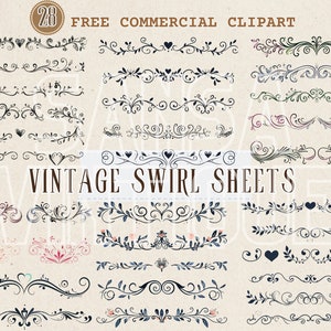 May include: A set of 28 free commercial clipart vintage swirl sheets. The sheets feature black, blue, green, and pink swirls and floral designs.