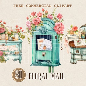 Clipart de aquarela de caixa de correio floral vintage, papelaria retrô e conjunto PNG comercial gratuito de flores, arte de cena de correio vintage para fabricação de cartões