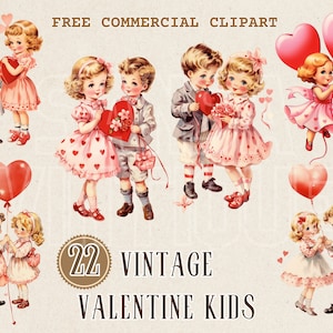 Vintage Valentines crianças aquarela clipart, crianças retrô e balão em formato de coração PNG comercial gratuito para cartão de dia dos namorados, romance retrô