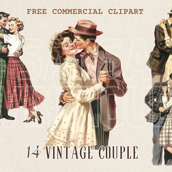 Vintage 1950s couple watercolor clipart, Retro romance free commercial PNG set, Nostalgic romantic couple illustration, Timeless Love Story