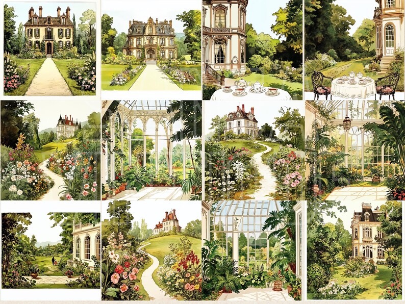 Vintage Mansion Watercolor Clipart Bundle, Victorian House and Garden ...