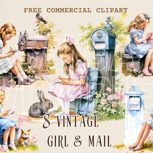 Clipart retrô de criança e correio em aquarela, conjunto PNG comercial gratuito de carta de leitura de menina, ilustração retrô de menina jovem, gráfico de menina e caixa de correio