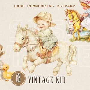 Clipart de aquarela de criança vintage andando de pônei, brinquedo retrô de criança e pato comercial grátis PNG, cena clássica de brincadeira de criança, ilustração infantil