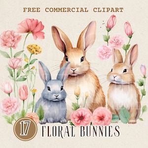 Clipart aquarelle Floral Bunny, lapin et fleur commerciale gratuite, illustration de lapin mignon avec élément botanique, paire de lapins, trio de lapins