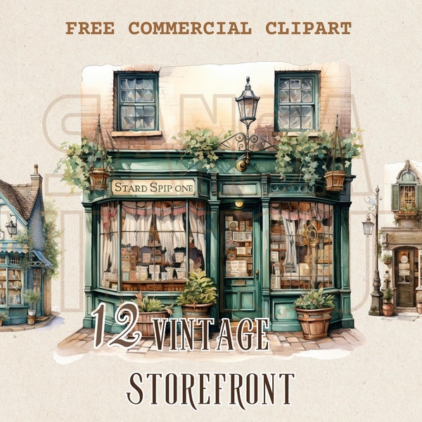 Vintage Storefront watercolor clipart, Retro Shop Facade free commercial PNG set, classic shop front illustration, classic shop window